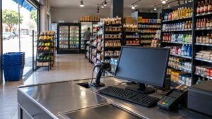 Loja física preparada para a Black Friday com caixa e prateleiras organizados