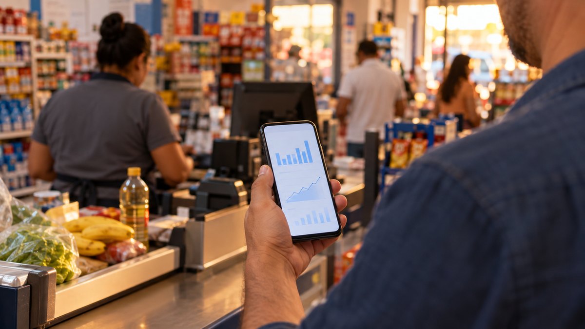 Dono de loja física acompanhando as vendas da Black Friday no celular ao lado do caixa