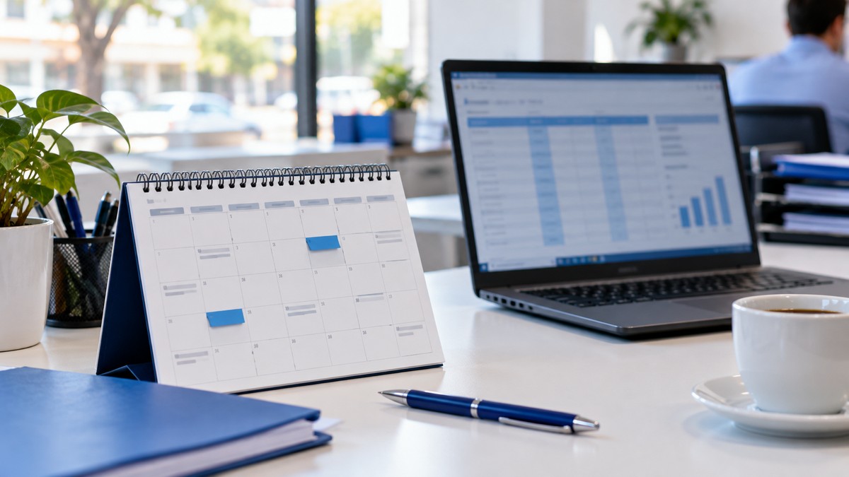 Calendário de mesa e notebook no escritório: planejamento de IBS e CBS na nota fiscal para 2026 e 2027