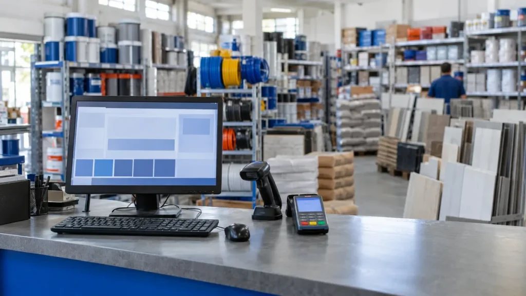 Sistema para loja de material de construção: balcão com computador, leitor de código de barras e prateleiras de material ao fundo