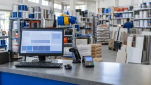 Sistema para loja de material de construção: balcão com computador, leitor de código de barras e prateleiras de material ao fundo