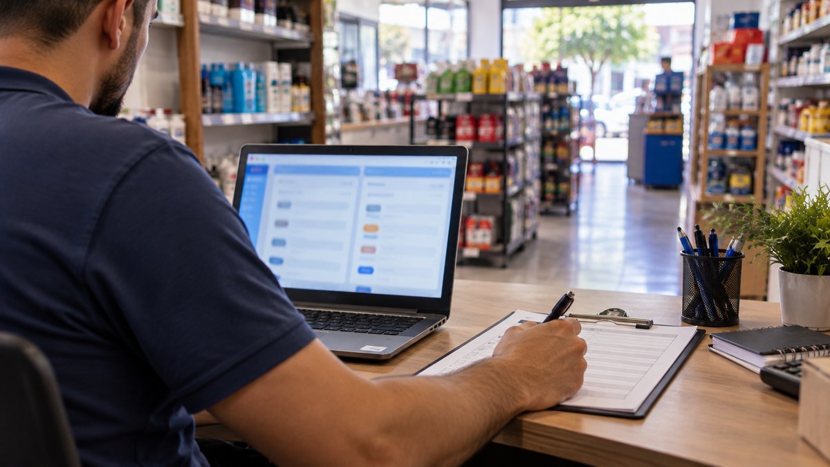 Dono de loja comparando sistemas no notebook: checklist de como escolher sistema PDV
