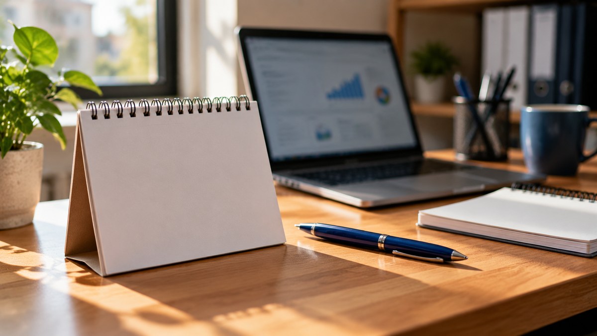 Calendário de mesa sem anotações e notebook em escritório de pequena empresa, momento de planejar o prazo do Simples híbrido