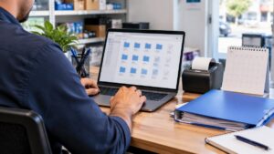 Enviar XML para o contador: dono de loja organiza as notas do mês no notebook do escritório